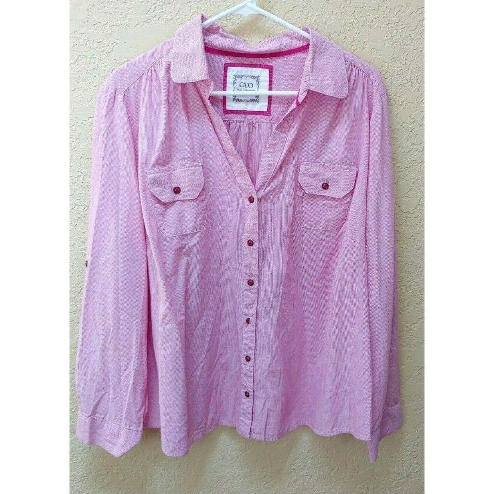 Cato Womens Top 18 20W Pink Button Front Long Sleeve Cotton Pockets 1X Career